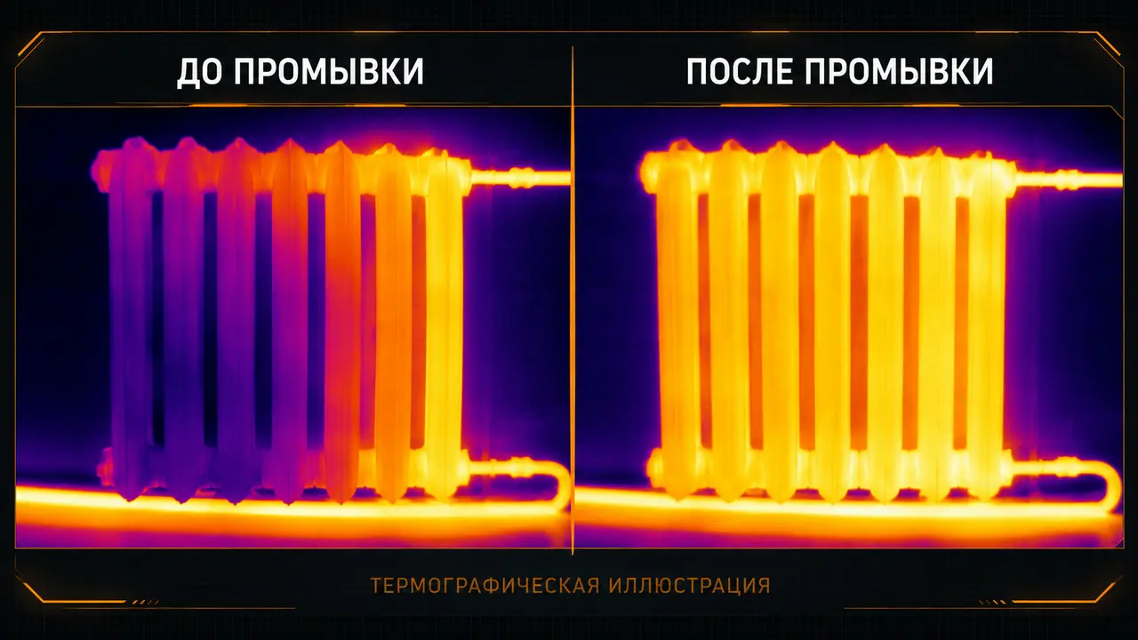 Техническая иллюстрация нагрева радиатора до и после промывки